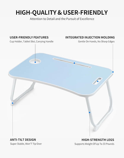 Laptop Bed Desk, Foldable Lap Desk, Portable Lap Table, Laptop Stand with Cup Holder, Tablet Slot & Lifting Handle for Work, Write, Draw & Eat on Bed, Sofa or Couch - Pink