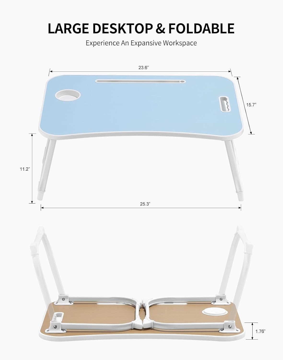 Laptop Bed Desk, Foldable Lap Desk, Portable Lap Table, Laptop Stand with Cup Holder, Tablet Slot & Lifting Handle for Work, Write, Draw & Eat on Bed, Sofa or Couch - Pink