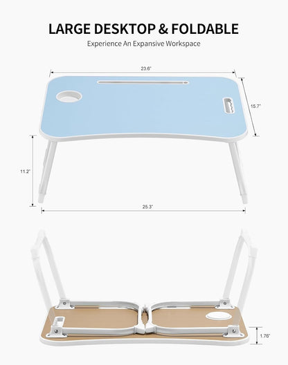 Laptop Bed Desk, Foldable Lap Desk, Portable Lap Table, Laptop Stand with Cup Holder, Tablet Slot & Lifting Handle for Work, Write, Draw & Eat on Bed, Sofa or Couch - Pink