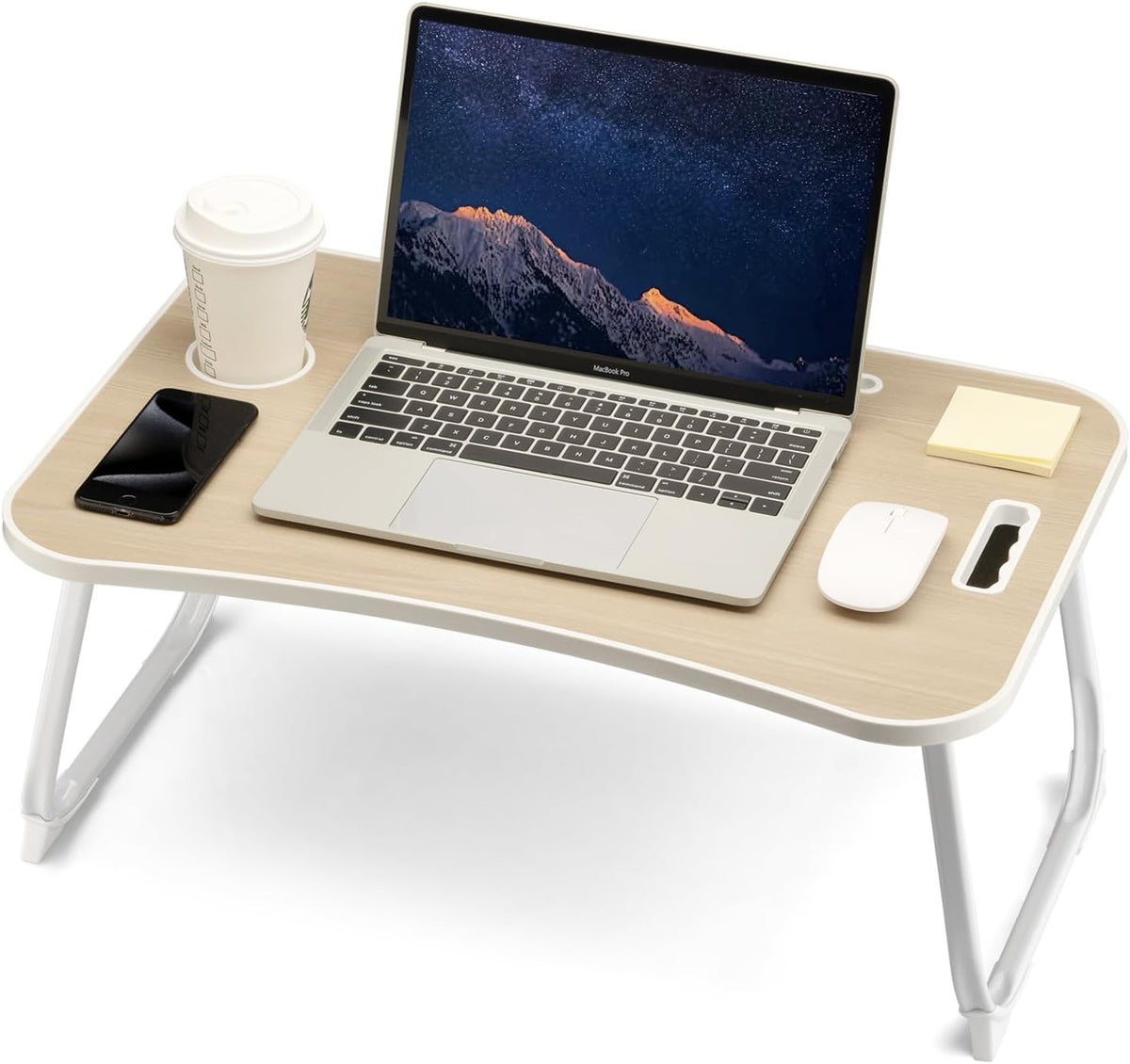Laptop Bed Desk, Foldable Lap Desk, Portable Lap Table, Laptop Stand with Cup Holder, Tablet Slot & Lifting Handle for Work, Write, Draw & Eat on Bed, Sofa or Couch - Pink