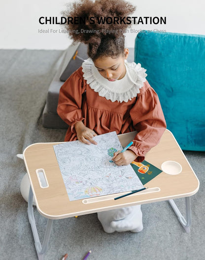 Laptop Bed Desk, Foldable Lap Desk, Portable Lap Table, Laptop Stand with Cup Holder, Tablet Slot & Lifting Handle for Work, Write, Draw & Eat on Bed, Sofa or Couch - Pink