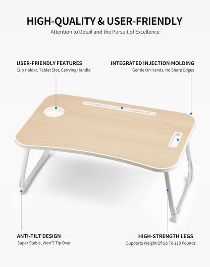 Laptop Bed Desk, Foldable Lap Desk, Portable Lap Table, Laptop Stand with Cup Holder, Tablet Slot & Lifting Handle for Work, Write, Draw & Eat on Bed, Sofa or Couch - Pink