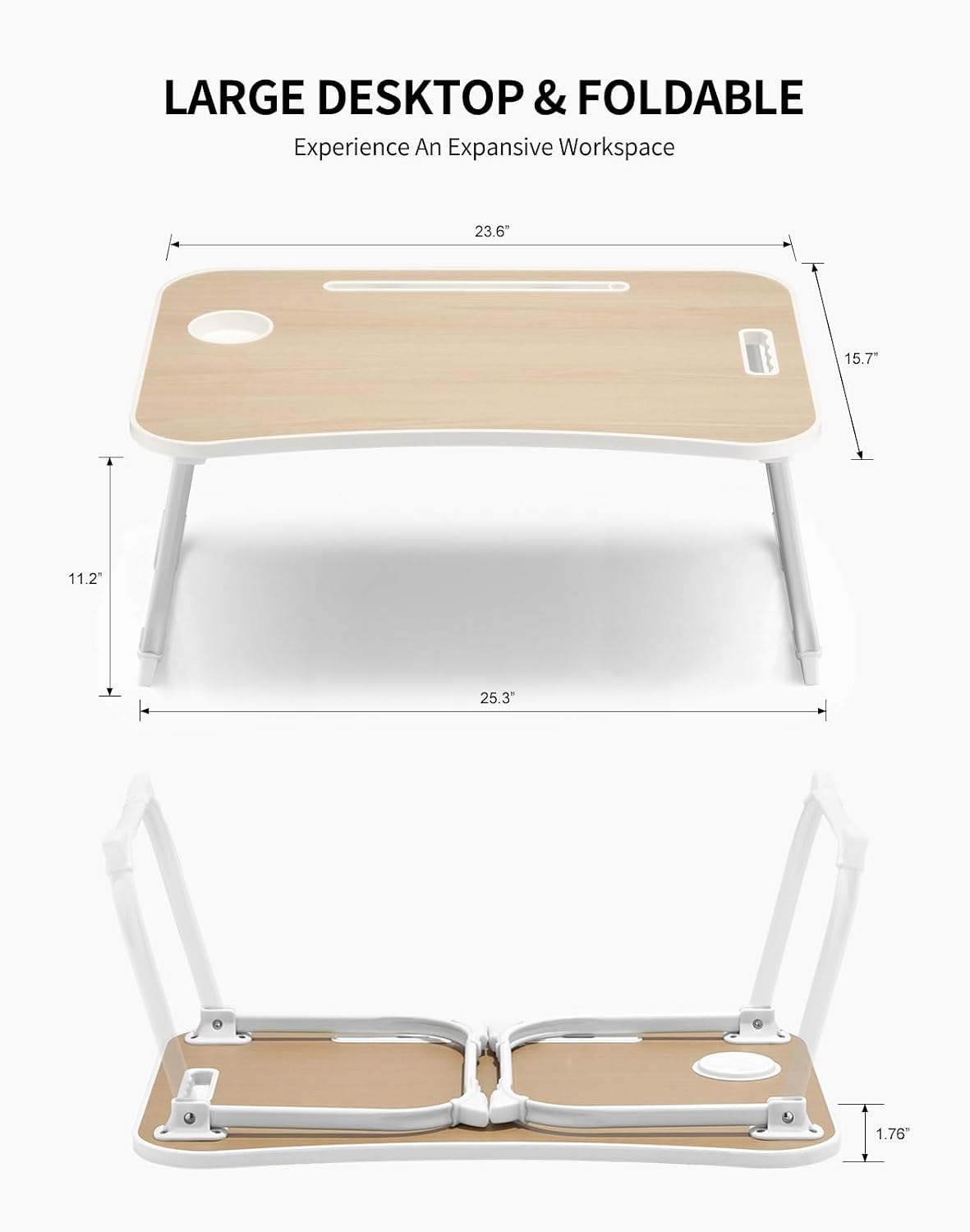 Laptop Bed Desk, Foldable Lap Desk, Portable Lap Table, Laptop Stand with Cup Holder, Tablet Slot & Lifting Handle for Work, Write, Draw & Eat on Bed, Sofa or Couch - Pink