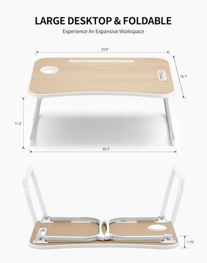 Laptop Bed Desk, Foldable Lap Desk, Portable Lap Table, Laptop Stand with Cup Holder, Tablet Slot & Lifting Handle for Work, Write, Draw & Eat on Bed, Sofa or Couch - Pink