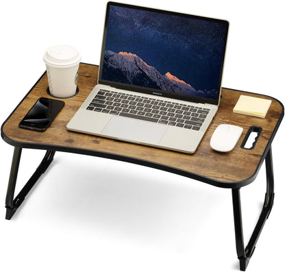 Laptop Bed Desk, Foldable Lap Desk, Portable Lap Table, Laptop Stand with Cup Holder, Tablet Slot & Lifting Handle for Work, Write, Draw & Eat on Bed, Sofa or Couch - Pink