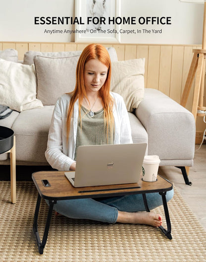 Laptop Bed Desk, Foldable Lap Desk, Portable Lap Table, Laptop Stand with Cup Holder, Tablet Slot & Lifting Handle for Work, Write, Draw & Eat on Bed, Sofa or Couch - Pink