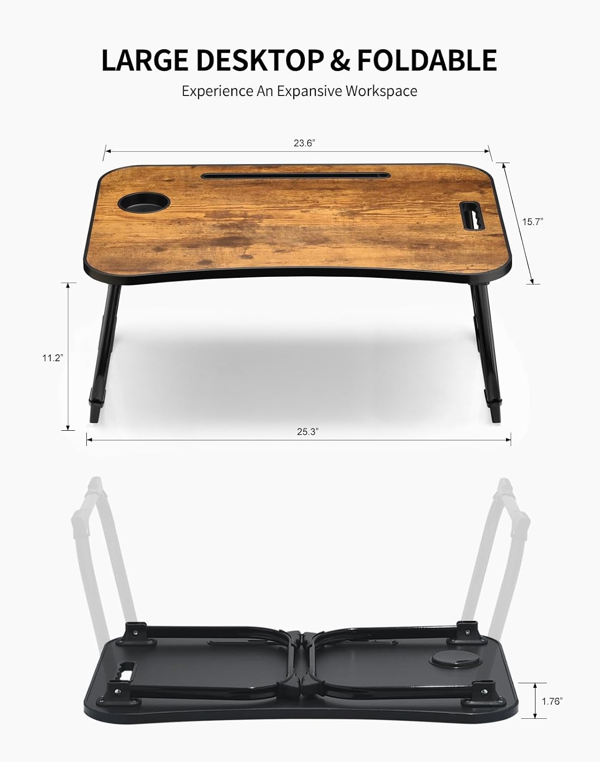 Laptop Bed Desk, Foldable Lap Desk, Portable Lap Table, Laptop Stand with Cup Holder, Tablet Slot & Lifting Handle for Work, Write, Draw & Eat on Bed, Sofa or Couch - Pink