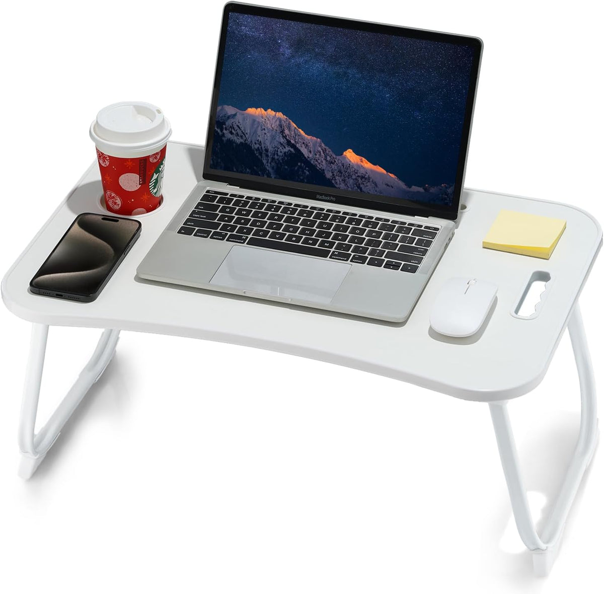 Laptop Bed Desk, Foldable Lap Desk, Portable Lap Table, Laptop Stand with Cup Holder, Tablet Slot & Lifting Handle for Work, Write, Draw & Eat on Bed, Sofa or Couch - Pink