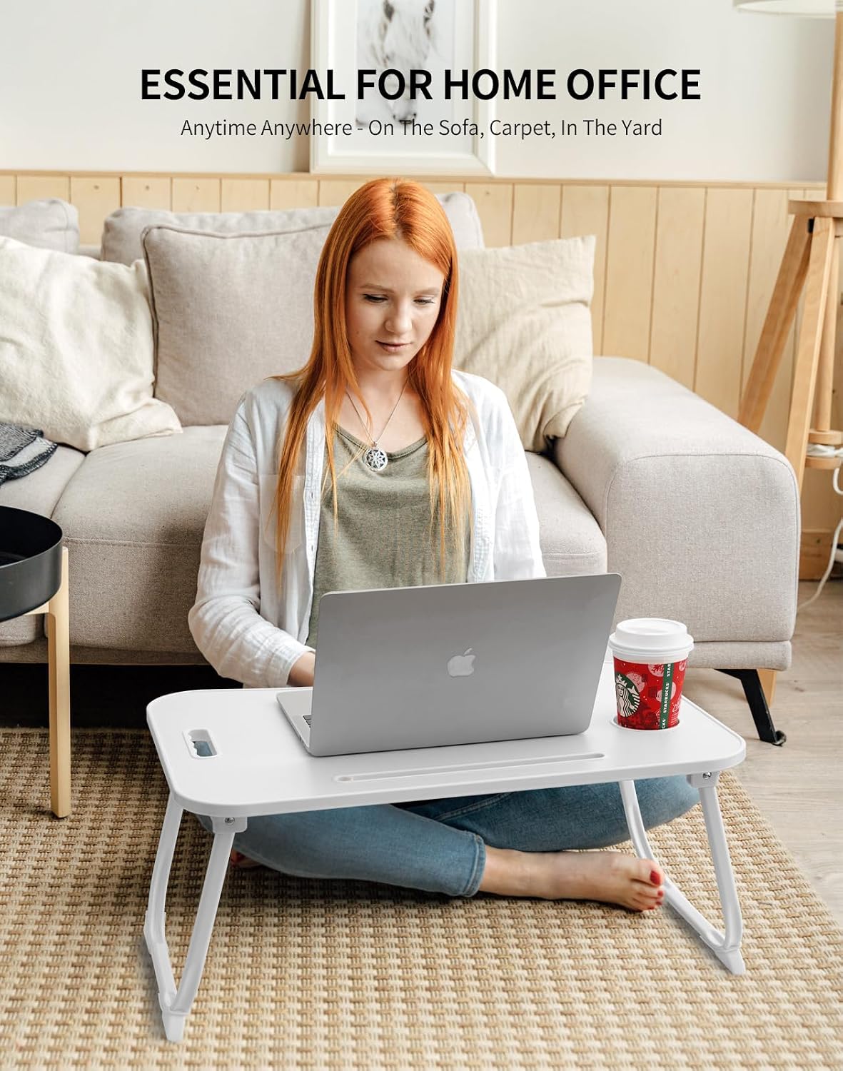 Laptop Bed Desk, Foldable Lap Desk, Portable Lap Table, Laptop Stand with Cup Holder, Tablet Slot & Lifting Handle for Work, Write, Draw & Eat on Bed, Sofa or Couch - Pink