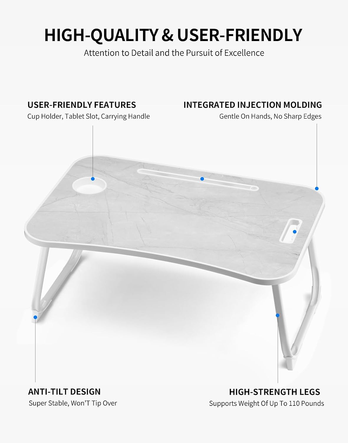 Laptop Bed Desk, Foldable Lap Desk, Portable Lap Table, Laptop Stand with Cup Holder, Tablet Slot & Lifting Handle for Work, Write, Draw & Eat on Bed, Sofa or Couch - Pink