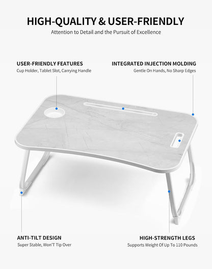 Laptop Bed Desk, Foldable Lap Desk, Portable Lap Table, Laptop Stand with Cup Holder, Tablet Slot & Lifting Handle for Work, Write, Draw & Eat on Bed, Sofa or Couch - Pink