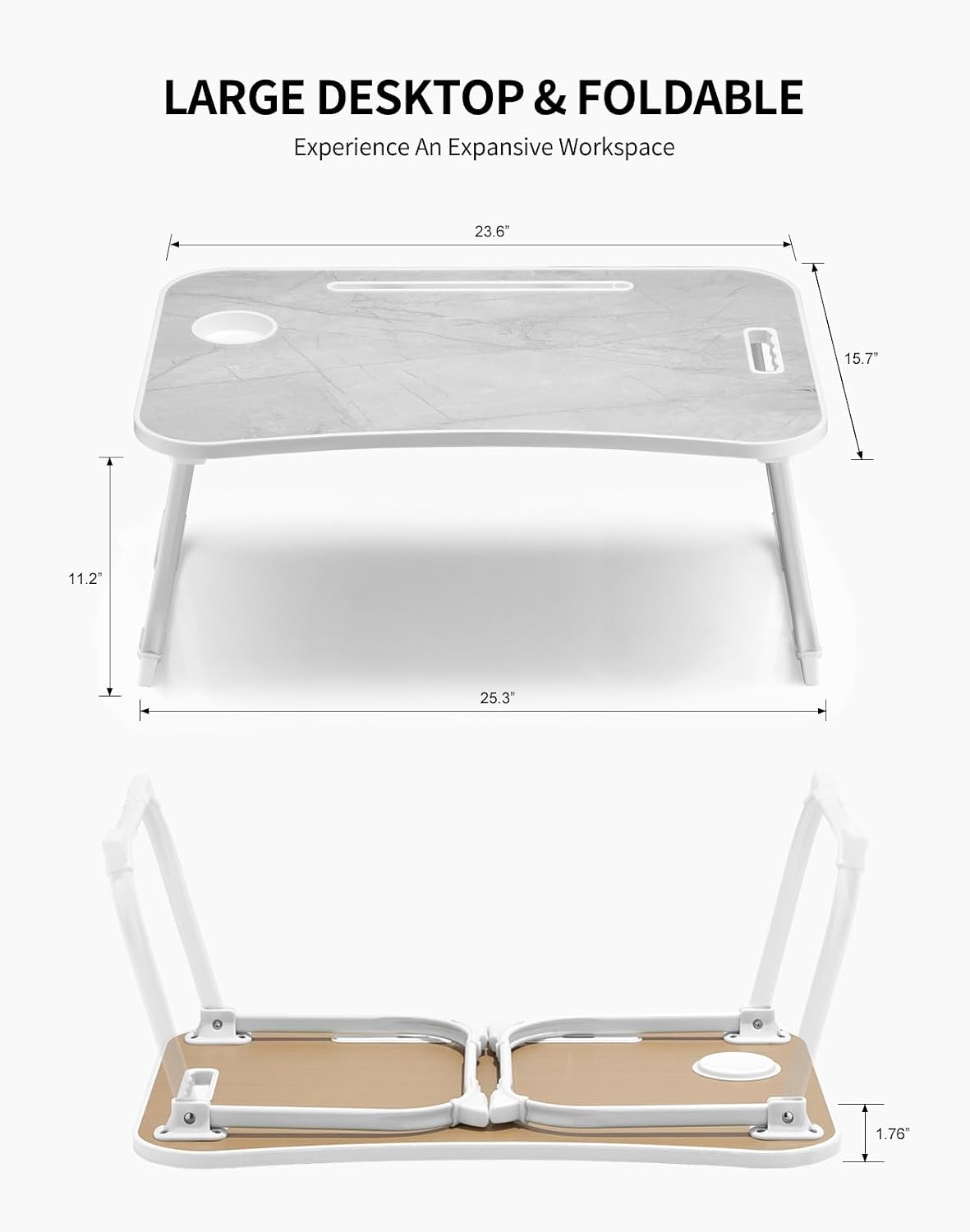 Laptop Bed Desk, Foldable Lap Desk, Portable Lap Table, Laptop Stand with Cup Holder, Tablet Slot & Lifting Handle for Work, Write, Draw & Eat on Bed, Sofa or Couch - Pink
