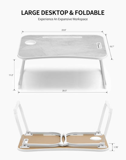 Laptop Bed Desk, Foldable Lap Desk, Portable Lap Table, Laptop Stand with Cup Holder, Tablet Slot & Lifting Handle for Work, Write, Draw & Eat on Bed, Sofa or Couch - Pink