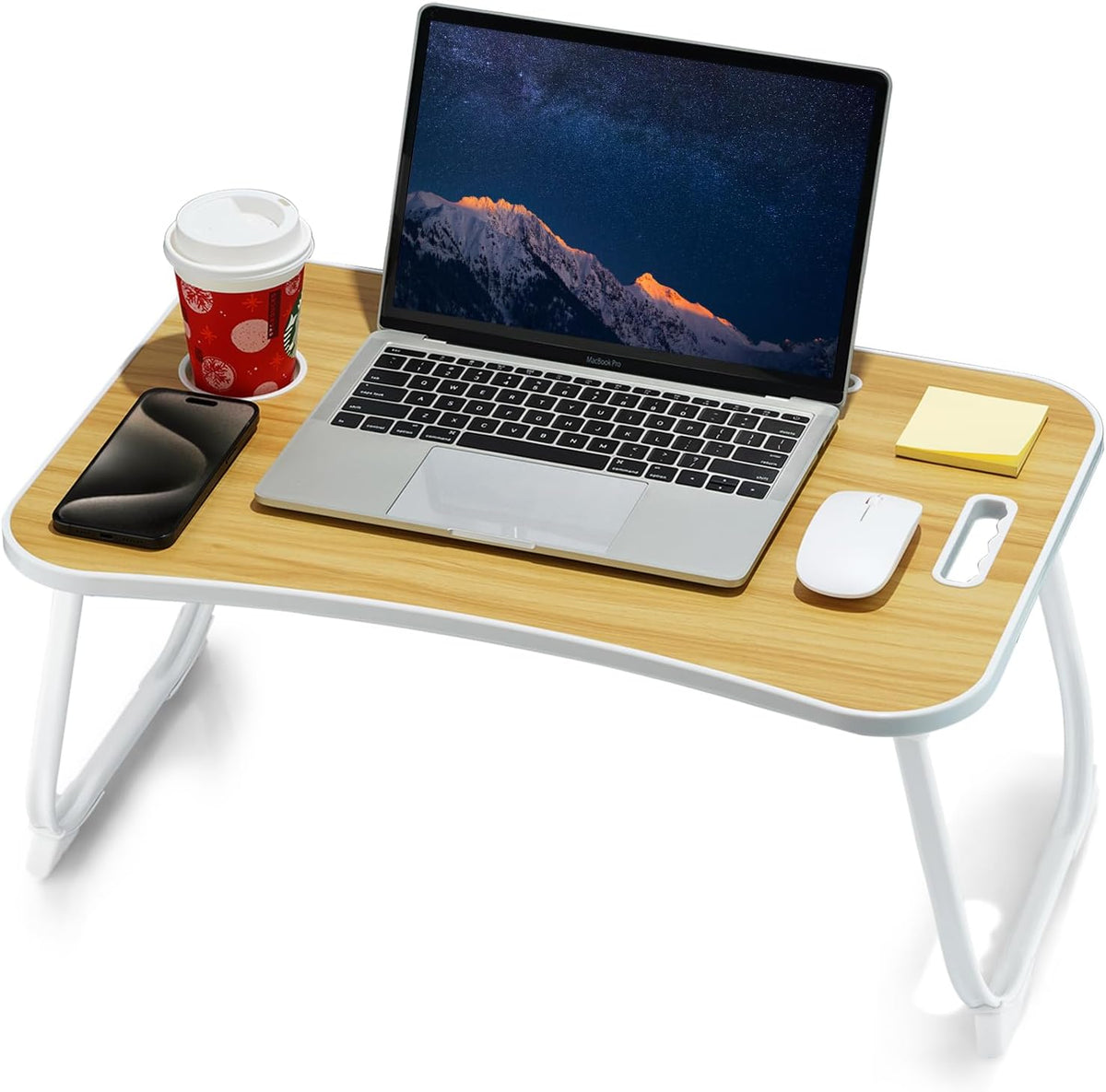 Laptop Bed Desk, Foldable Lap Desk, Portable Lap Table, Laptop Stand with Cup Holder, Tablet Slot & Lifting Handle for Work, Write, Draw & Eat on Bed, Sofa or Couch - Pink
