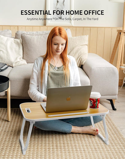 Laptop Bed Desk, Foldable Lap Desk, Portable Lap Table, Laptop Stand with Cup Holder, Tablet Slot & Lifting Handle for Work, Write, Draw & Eat on Bed, Sofa or Couch - Pink