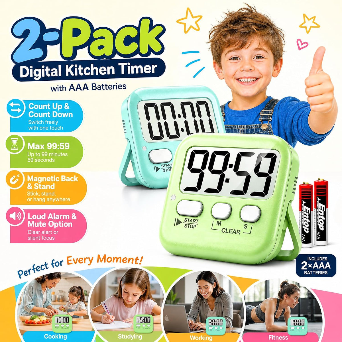 2 Pack Digital Timer for Kids Classroom Kitchen Timers for Cooking