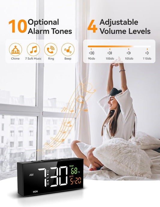 Alarm Clocks for Bedrooms, Digital Clock with Date Temperature and Weekday, Manual DST, Snooze, 2 Alarms, 4 Volumes for Living Room Home Bedside Desk (Black)