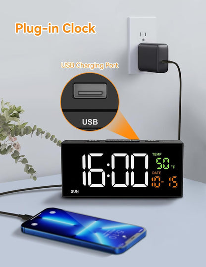 Alarm Clocks for Bedrooms, Digital Clock with Date Temperature and Weekday, Manual DST, Snooze, 2 Alarms, 4 Volumes for Living Room Home Bedside Desk (Black)