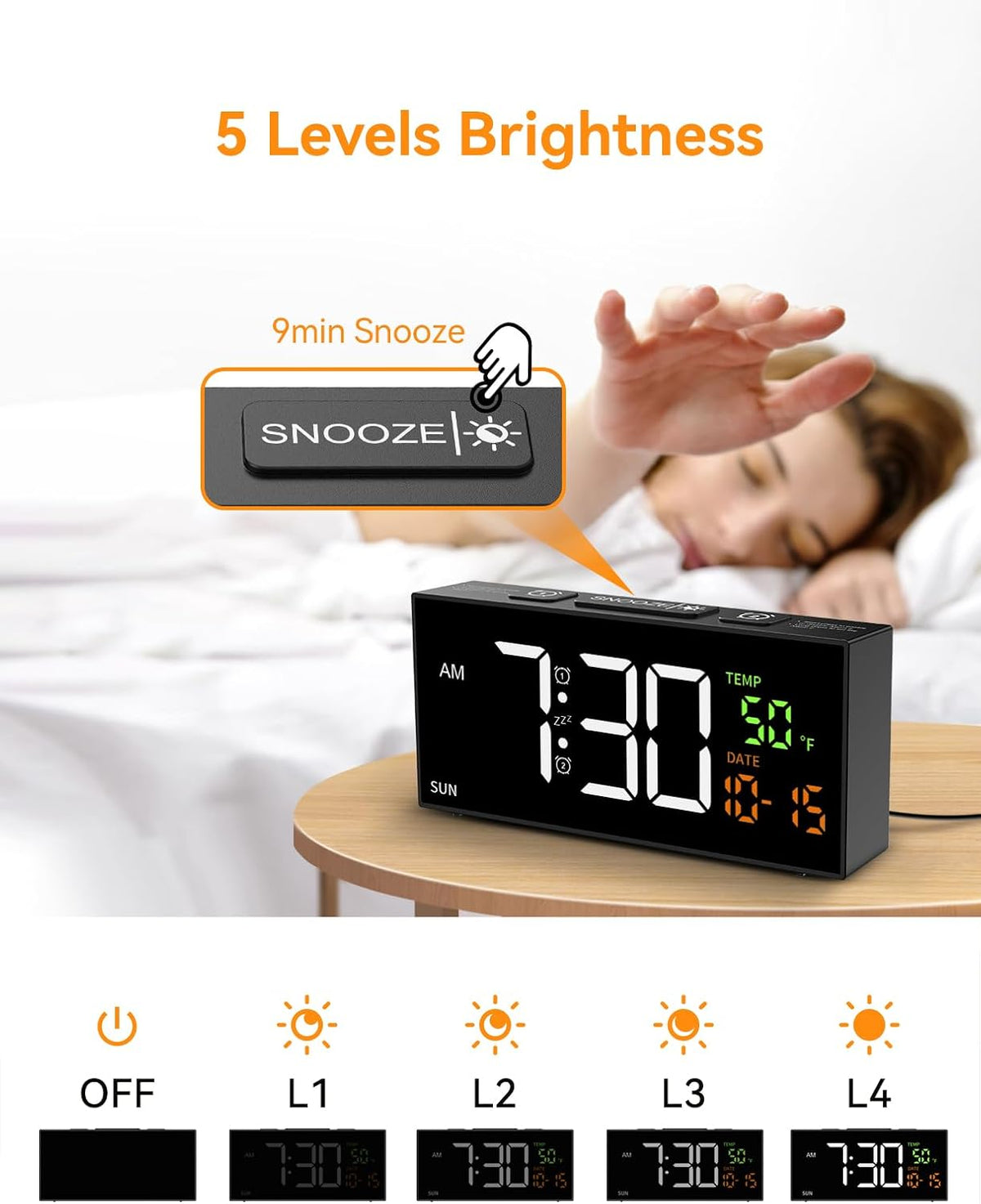 Alarm Clocks for Bedrooms, Digital Clock with Date Temperature and Weekday, Manual DST, Snooze, 2 Alarms, 4 Volumes for Living Room Home Bedside Desk (Black)