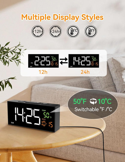 Alarm Clocks for Bedrooms, Digital Clock with Date Temperature and Weekday, Manual DST, Snooze, 2 Alarms, 4 Volumes for Living Room Home Bedside Desk (Black)