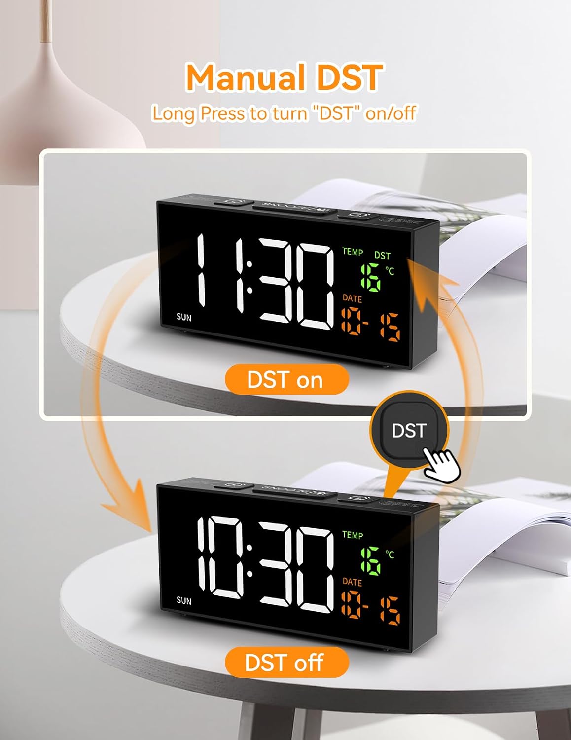 Alarm Clocks for Bedrooms, Digital Clock with Date Temperature and Weekday, Manual DST, Snooze, 2 Alarms, 4 Volumes for Living Room Home Bedside Desk (Black)
