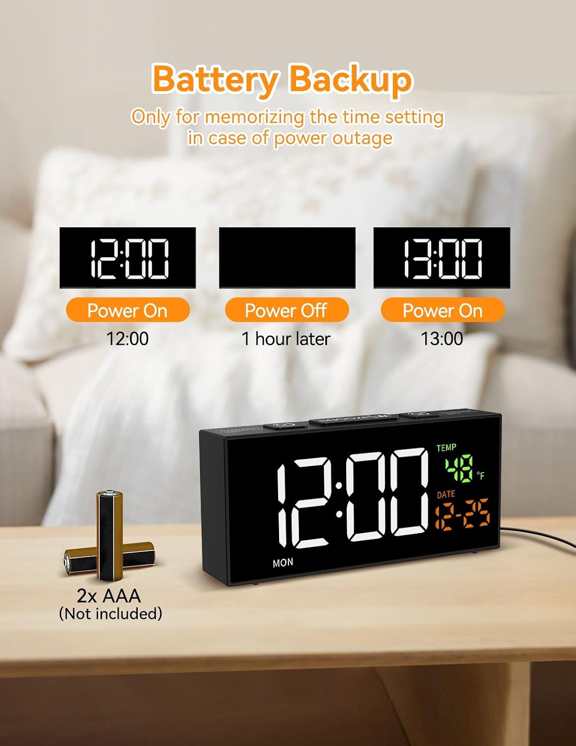 Alarm Clocks for Bedrooms, Digital Clock with Date Temperature and Weekday, Manual DST, Snooze, 2 Alarms, 4 Volumes for Living Room Home Bedside Desk (Black)