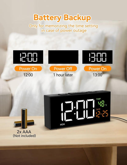 Alarm Clocks for Bedrooms, Digital Clock with Date Temperature and Weekday, Manual DST, Snooze, 2 Alarms, 4 Volumes for Living Room Home Bedside Desk (Black)