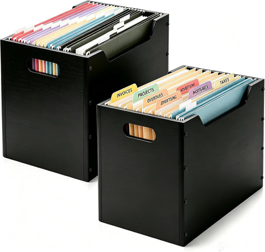 2 Pack Wood File Organizer Box, Black Storage Holder with Handle