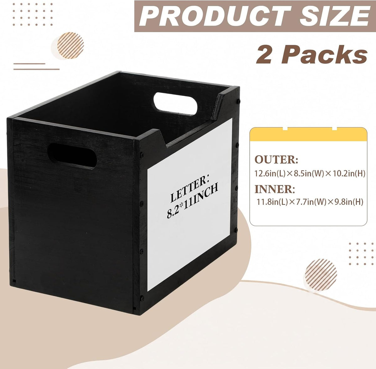2 Pack Wood File Organizer Box, Black Storage Holder with Handle