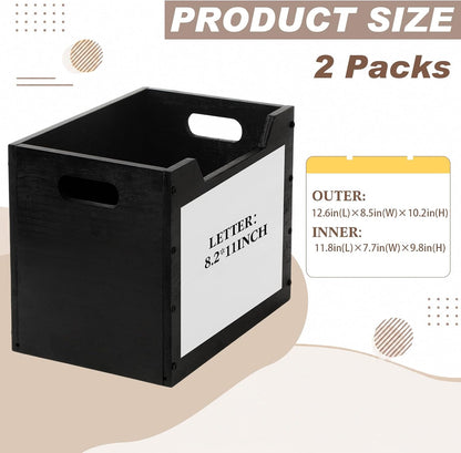 2 Pack Wood File Organizer Box, Black Storage Holder with Handle