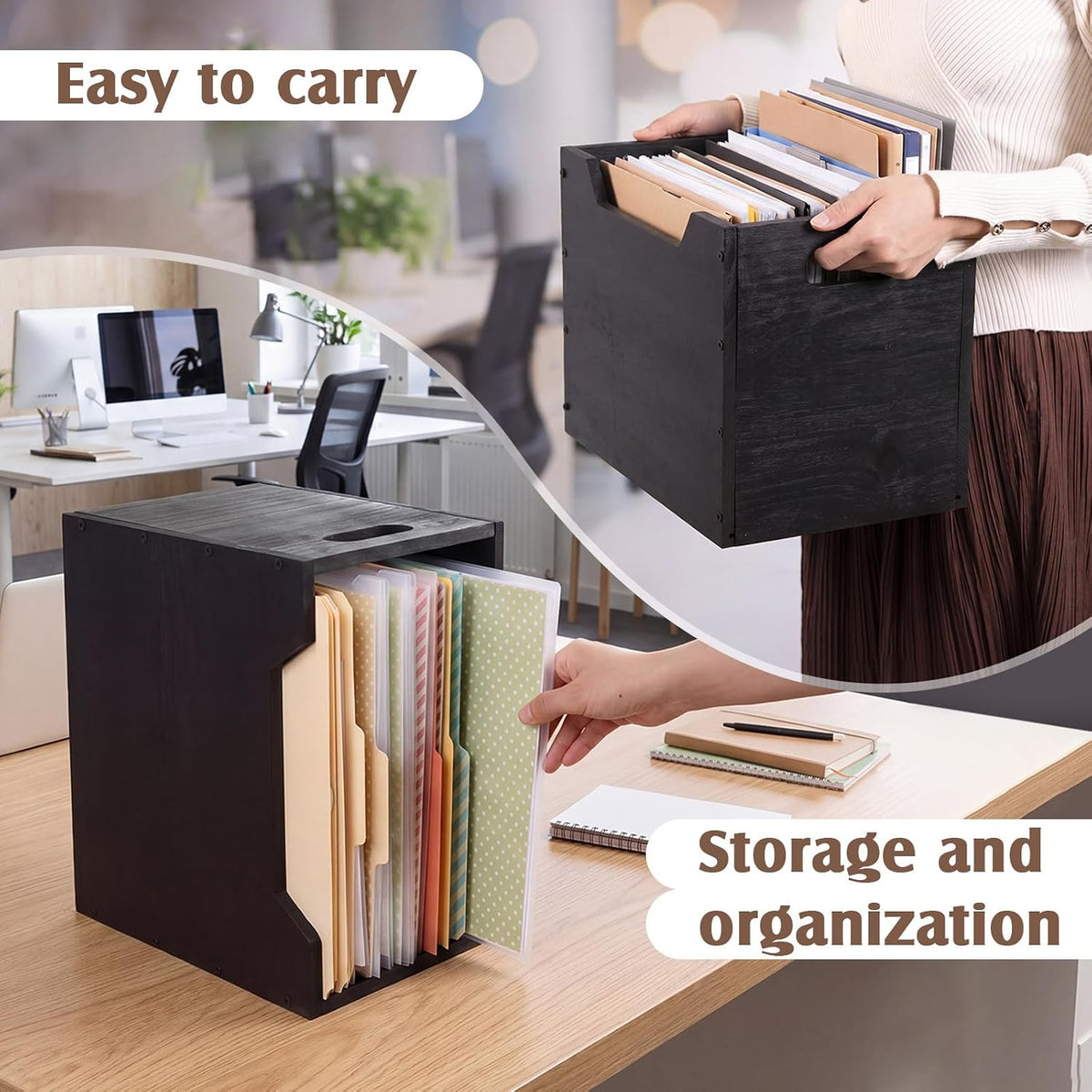 2 Pack Wood File Organizer Box, Black Storage Holder with Handle