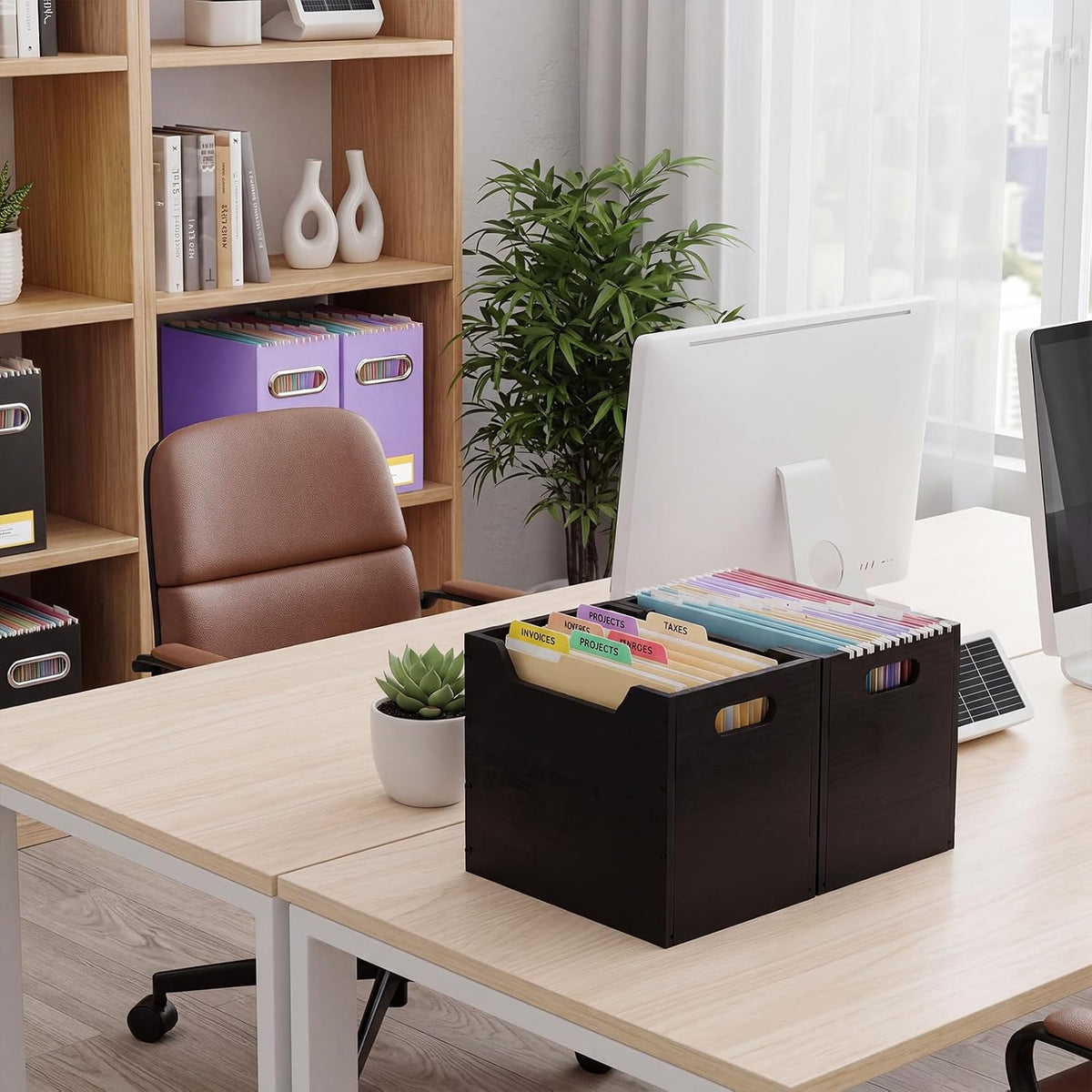 2 Pack Wood File Organizer Box, Black Storage Holder with Handle