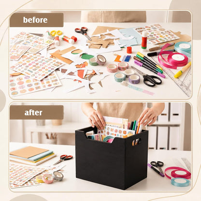 2 Pack Wood File Organizer Box, Black Storage Holder with Handle
