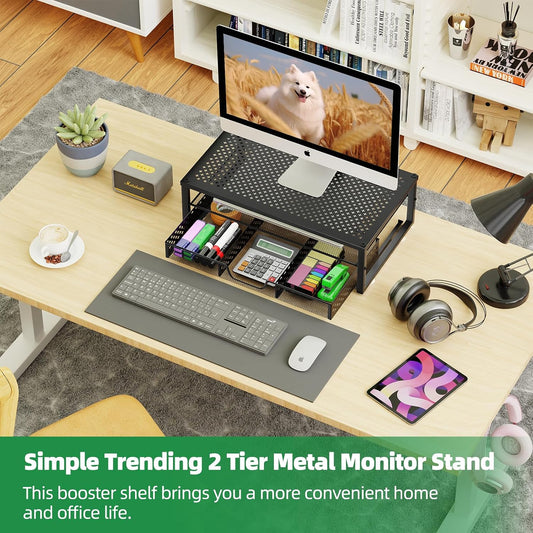 Metal Monitor Stand Riser and Computer Desk Organizer with Drawer for Laptop, Computer, iMac, Black