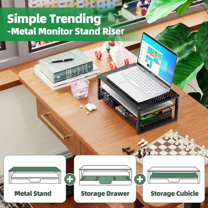 Metal Monitor Stand Riser and Computer Desk Organizer with Drawer for Laptop, Computer, iMac, Black