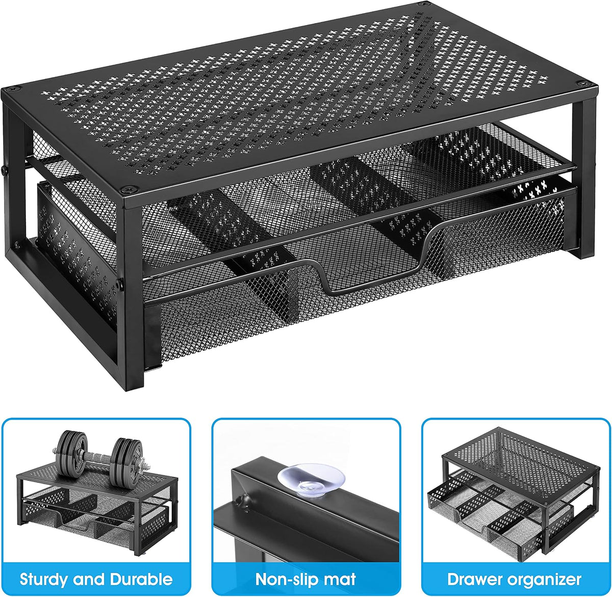Metal Monitor Stand Riser and Computer Desk Organizer with Drawer for Laptop, Computer, iMac, Black