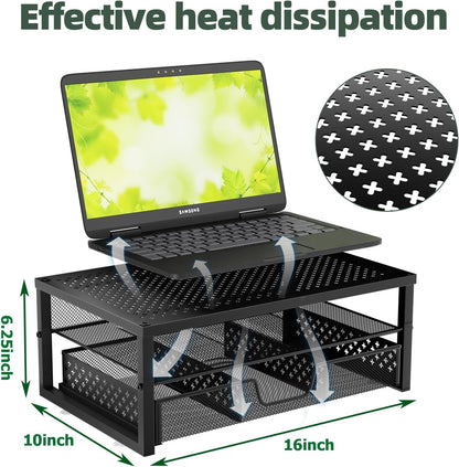 Metal Monitor Stand Riser and Computer Desk Organizer with Drawer for Laptop, Computer, iMac, Black