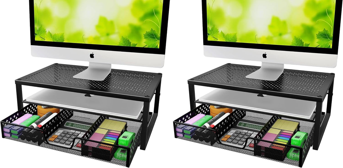 Metal Monitor Stand Riser and Computer Desk Organizer with Drawer for Laptop, Computer, iMac, Black