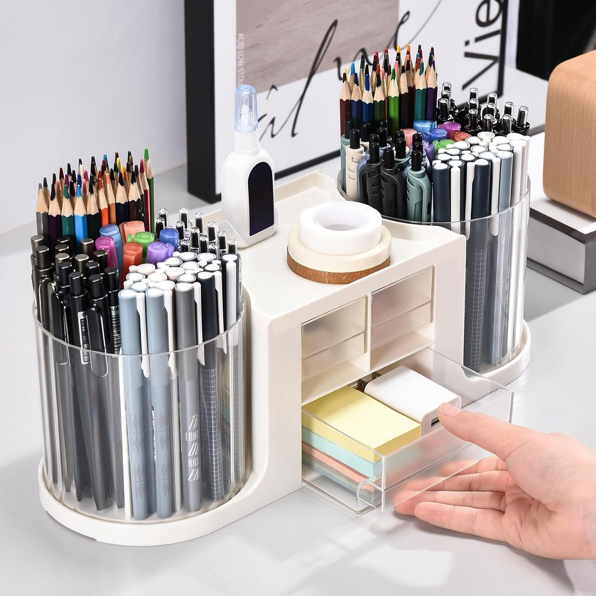 Rotating Desk Organizer with 2 Pen Holder, Desk Organizers and Accessories with 10 Slots Pencil Holder for Desk + 3 Drawer, Art Supply Storage Box Caddy for Office School Home (White)