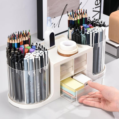 Rotating Desk Organizer with 2 Pen Holder, Desk Organizers and Accessories with 10 Slots Pencil Holder for Desk + 3 Drawer, Art Supply Storage Box Caddy for Office School Home (White)
