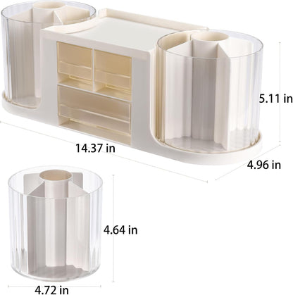 Rotating Desk Organizer with 2 Pen Holder, Desk Organizers and Accessories with 10 Slots Pencil Holder for Desk + 3 Drawer, Art Supply Storage Box Caddy for Office School Home (White)