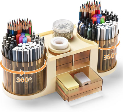 Rotating Desk Organizer with 2 Pen Holder, Desk Organizers and Accessories with 10 Slots Pencil Holder for Desk + 3 Drawer, Art Supply Storage Box Caddy for Office School Home (White)