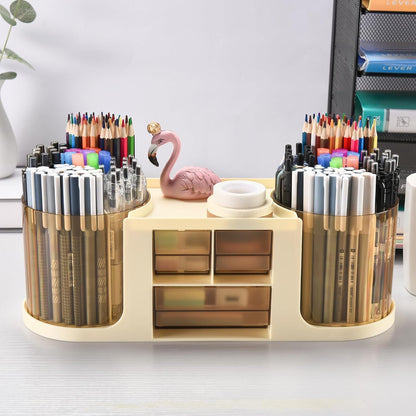 Rotating Desk Organizer with 2 Pen Holder, Desk Organizers and Accessories with 10 Slots Pencil Holder for Desk + 3 Drawer, Art Supply Storage Box Caddy for Office School Home (White)