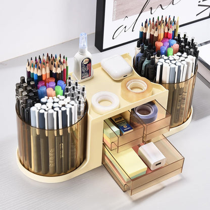 Rotating Desk Organizer with 2 Pen Holder, Desk Organizers and Accessories with 10 Slots Pencil Holder for Desk + 3 Drawer, Art Supply Storage Box Caddy for Office School Home (White)