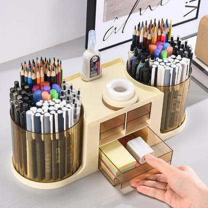 Rotating Desk Organizer with 2 Pen Holder, Desk Organizers and Accessories with 10 Slots Pencil Holder for Desk + 3 Drawer, Art Supply Storage Box Caddy for Office School Home (White)