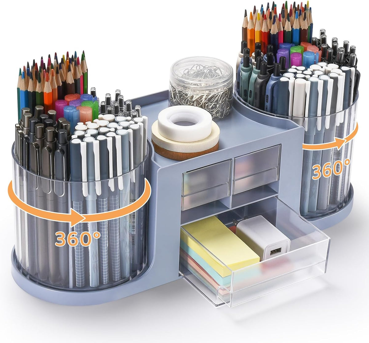 Rotating Desk Organizer with 2 Pen Holder, Desk Organizers and Accessories with 10 Slots Pencil Holder for Desk + 3 Drawer, Art Supply Storage Box Caddy for Office School Home (White)