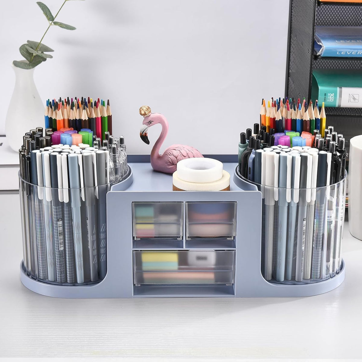 Rotating Desk Organizer with 2 Pen Holder, Desk Organizers and Accessories with 10 Slots Pencil Holder for Desk + 3 Drawer, Art Supply Storage Box Caddy for Office School Home (White)