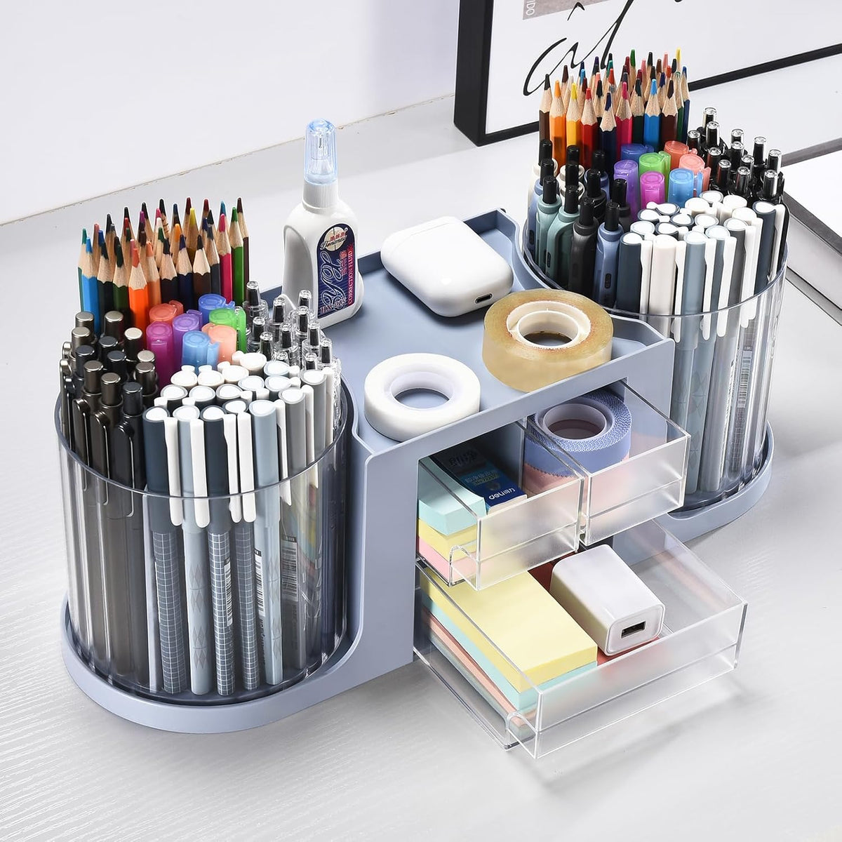 Rotating Desk Organizer with 2 Pen Holder, Desk Organizers and Accessories with 10 Slots Pencil Holder for Desk + 3 Drawer, Art Supply Storage Box Caddy for Office School Home (White)