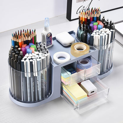 Rotating Desk Organizer with 2 Pen Holder, Desk Organizers and Accessories with 10 Slots Pencil Holder for Desk + 3 Drawer, Art Supply Storage Box Caddy for Office School Home (White)