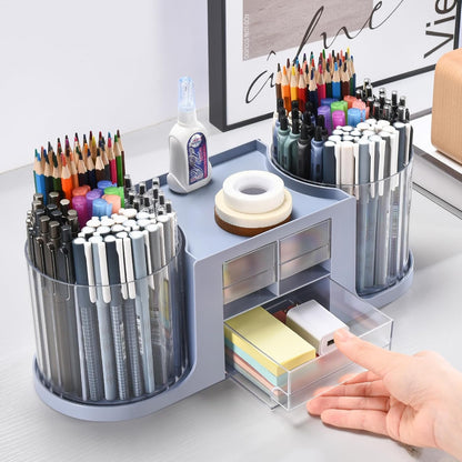 Rotating Desk Organizer with 2 Pen Holder, Desk Organizers and Accessories with 10 Slots Pencil Holder for Desk + 3 Drawer, Art Supply Storage Box Caddy for Office School Home (White)